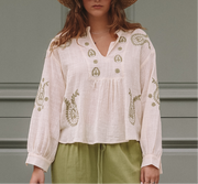 Floral Embroidery Green Blouse