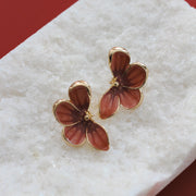 Gold Pink Hand Painted Flower Statement Earring