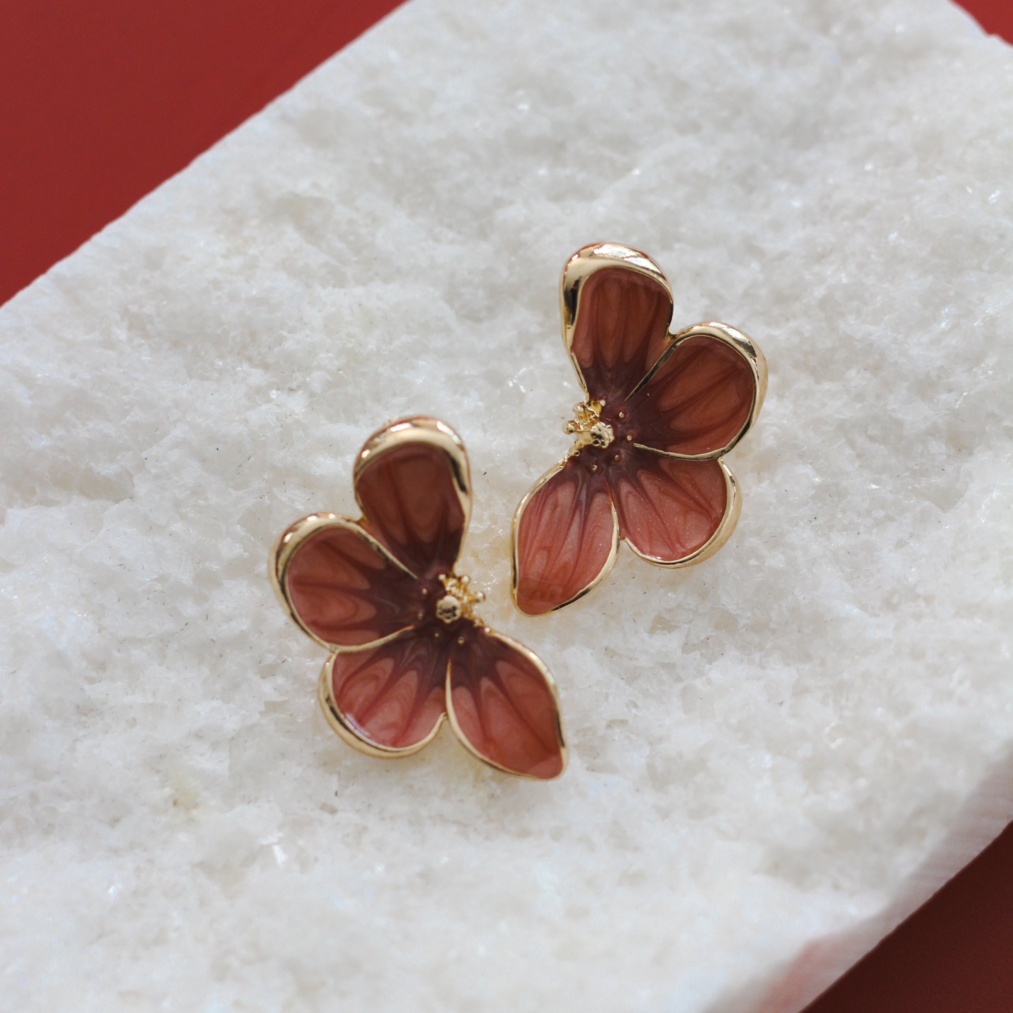 Gold Pink Hand Painted Flower Statement Earring