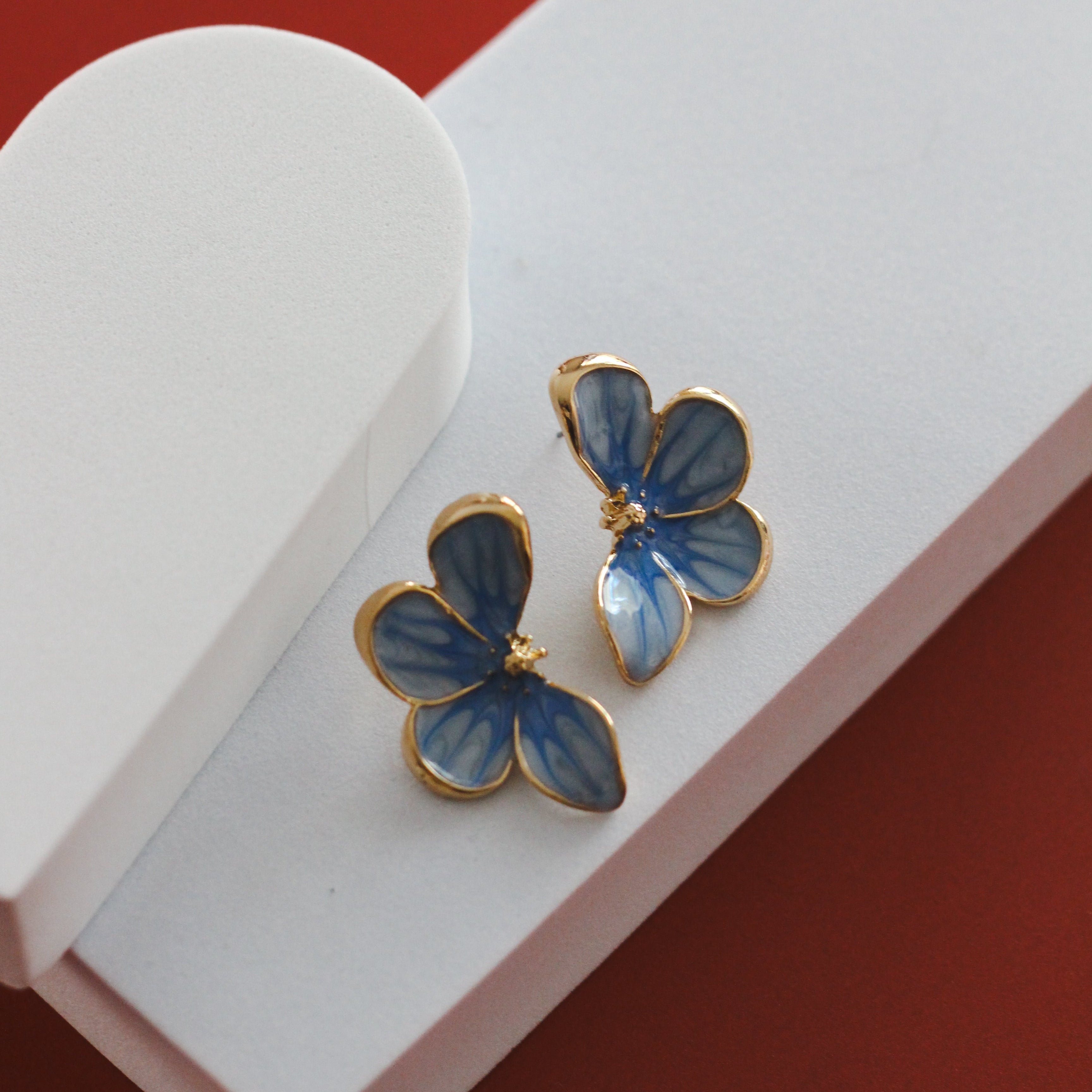 Blue Gold Flower Statement Earring